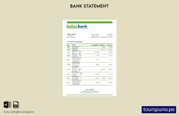 listo para imprimir plantilla de Excel de extracto bancario de Belice Belice